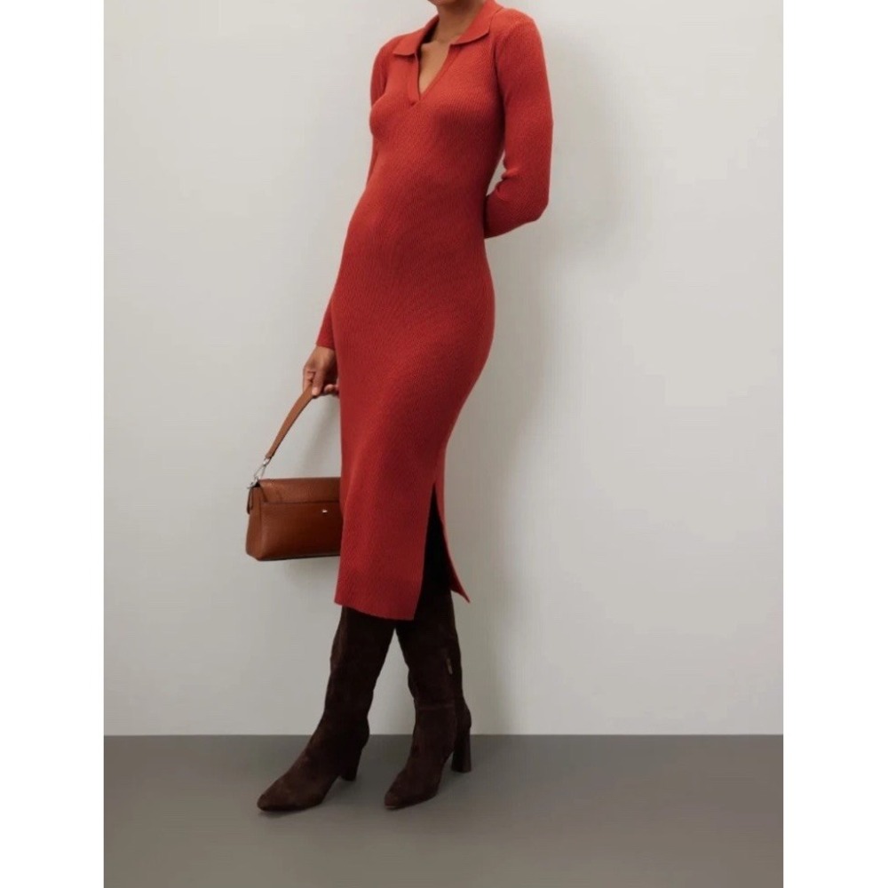 Marine Layer Lexi Ribbed Knit Long Sleeve Polo Midi Dress Women's XL Burnt Henna - Picture 2 of 16